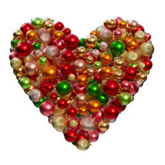 Christmas ornaments composition in the shape of heart. Christmas balls of different colors on a transparent background. 3D render. Holiday decoration.