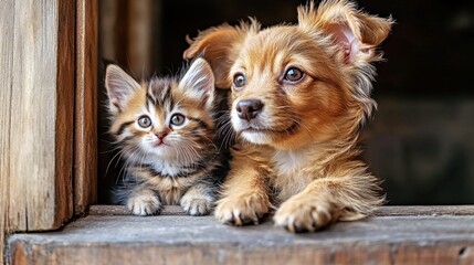 Peaceful Harmony - Tiny Puppy and Kitten Gazing Out of Window Together in Serene Moment of Bonding