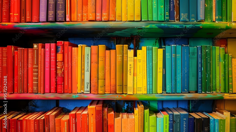 Poster bookshelf filled with books arranged by color, creating a vibrant and visually appealing rainbow gra