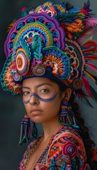 Young African American woman wearing vibrant traditional headdress with peacock feathers and ornate beading in blue, pink and gold tones against dark background, artistic ethnic fashion portrait.