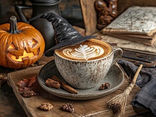A cozy autumn scene featuring a cup of coffee topped with latte art, a witch's hat, and a carved pumpkin for Halloween.
