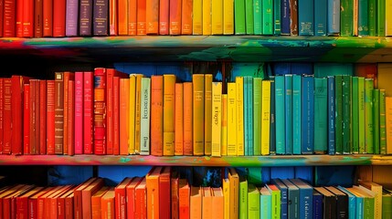 Fototapeta premium Bookshelf filled with books arranged by color, creating a vibrant and visually appealing rainbow gradient. Perfect for educational themes, creative projects, and interior design concepts.