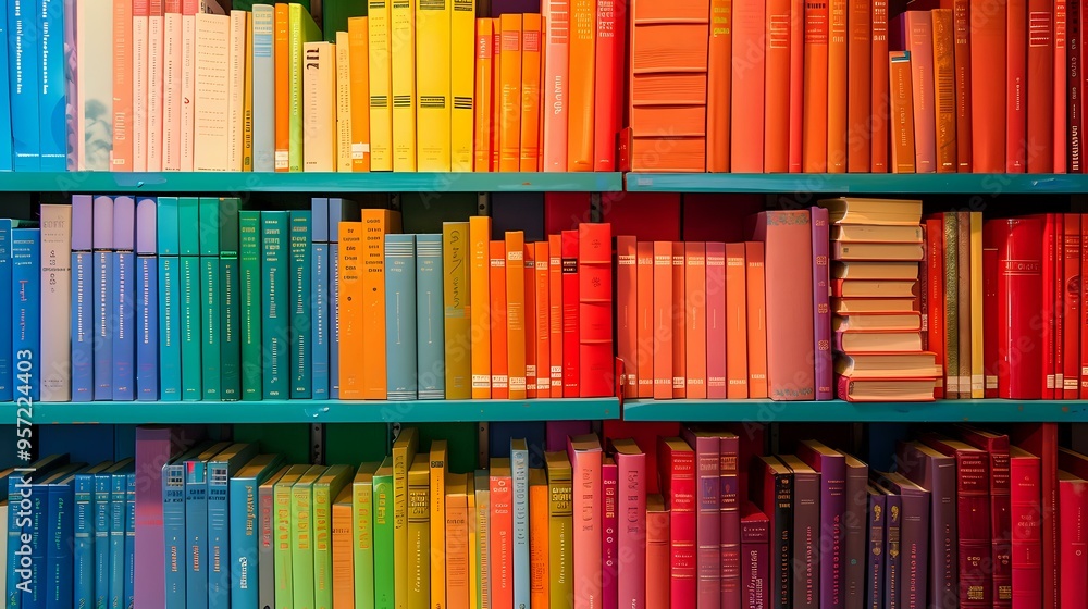 Poster bookshelf filled with books arranged by color, creating a vibrant and visually appealing rainbow gra
