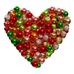 Christmas ornaments composition in the shape of heart. Christmas balls of different colors on a transparent background. 3D render. Holiday decoration.