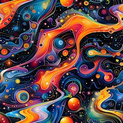 Naklejka premium Vibrant cosmic seamless pattern with fluid waves in orange and purple, featuring colorful planets, stars and swirling nebulas against dark space background, perfect for creative design projects.