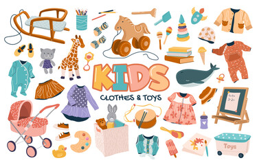 Set of clothes, cute plush and plastic toys for kids. Clothing, chalkboard, car, shoes, pram, books, musical instruments for preschool boys and girls. Isolated flat vector illustrations on white.