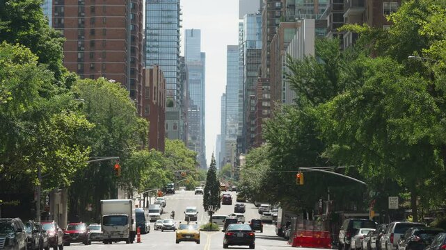 West End Avenue filled with city traffic, bordered by tall residential buildings and shaded by lush trees on both sides.