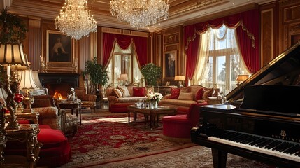 Luxurious Living Room with Sparkling Crystal Chandeliers and Grandiose Grand Piano