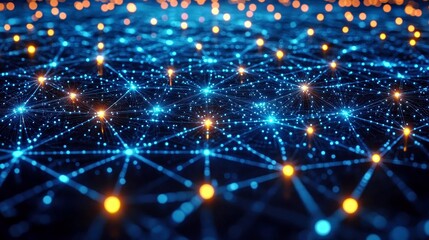 Obraz premium Illuminated 3D Model of a Futuristic Blockchain Network with Glowing Nodes and Interconnected Paths