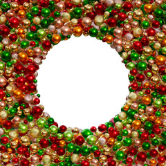 Christmas ornaments composition in the shape of frame. Christmas balls of different colors on a transparent background. 3D render. Holiday decoration.