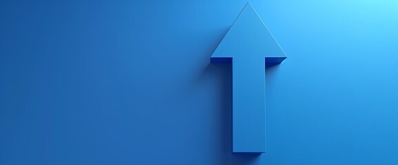 Blue 3D arrow pointing up on blue background.