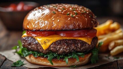 A classic cheeseburger with a side of fries served on a rustic wooden table, photographed with a wide-angle lens to capture the depth and richness of the scene,