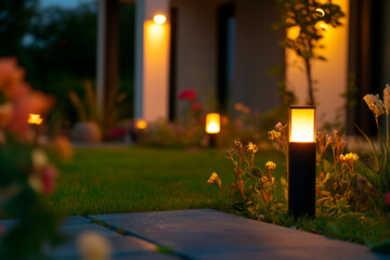 Garden path with modern lanterns illuminating the flowers at night.