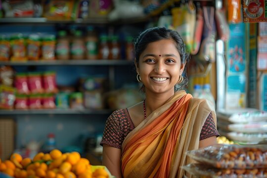 Smiling Indian woman in her kirana shop posed at the cash counter