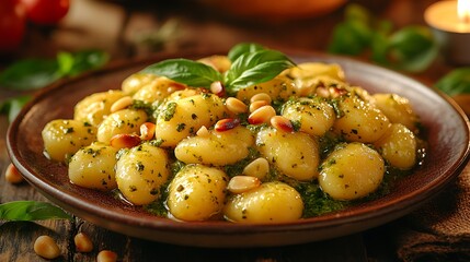 A beautifully arranged serving of gnocchi with pesto sauce, garnished with pine nuts, served on a ceramic dish, with a blurred candlelight in the background, creating a cozy, inviting meal atmosphere.