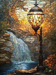 A beautiful stained glass mosaic showcasing a vintage lamp and waterfall with autumn leaves, creating a warm and serene atmosphere.
