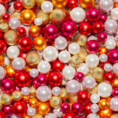 Christmas balls in different colors. Composition of Christmas ornaments. 3D render. Holiday decoration.