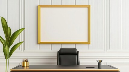 A modern office setup featuring a sleek desk, black chair, empty frame, and decorative plant against a stylish wall.