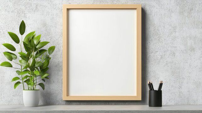 Stylish home office setup featuring a blank frame and potted plant, ideal for showcasing artwork or personalized decor.
