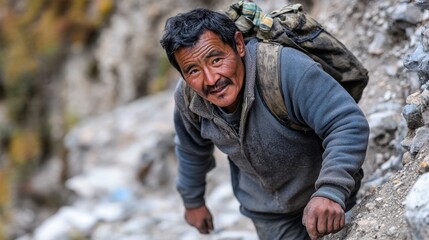 Fototapeta premium Determined Sherpa Trekking on Rugged Mountain Path