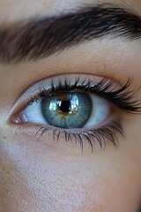 Obraz premium A Window to the Soul: A captivating close-up of a woman's eye, showcasing its natural beauty and depth. The vibrant green iris and long eyelashes create an alluring gaze.