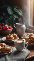 Cozy morning coffee scene with pastries and decor.