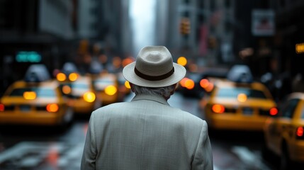 A senior man wearing a hat is seen from behind as he stands in a crowded urban street, filled with...