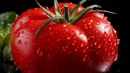 A close-up 3D render of a vibrant red tomato with water droplets, showcasing realistic textures and reflections on a transparent background.