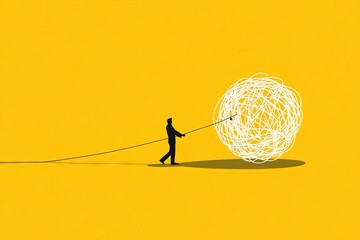 Person pulling a bright, tangled ball of string, representing the challenge of unraveling complex problems and mental burdens.


