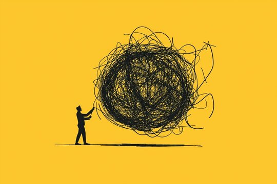 Person facing a giant tangled ball of string, representing the daunting task of addressing overwhelming problems.

