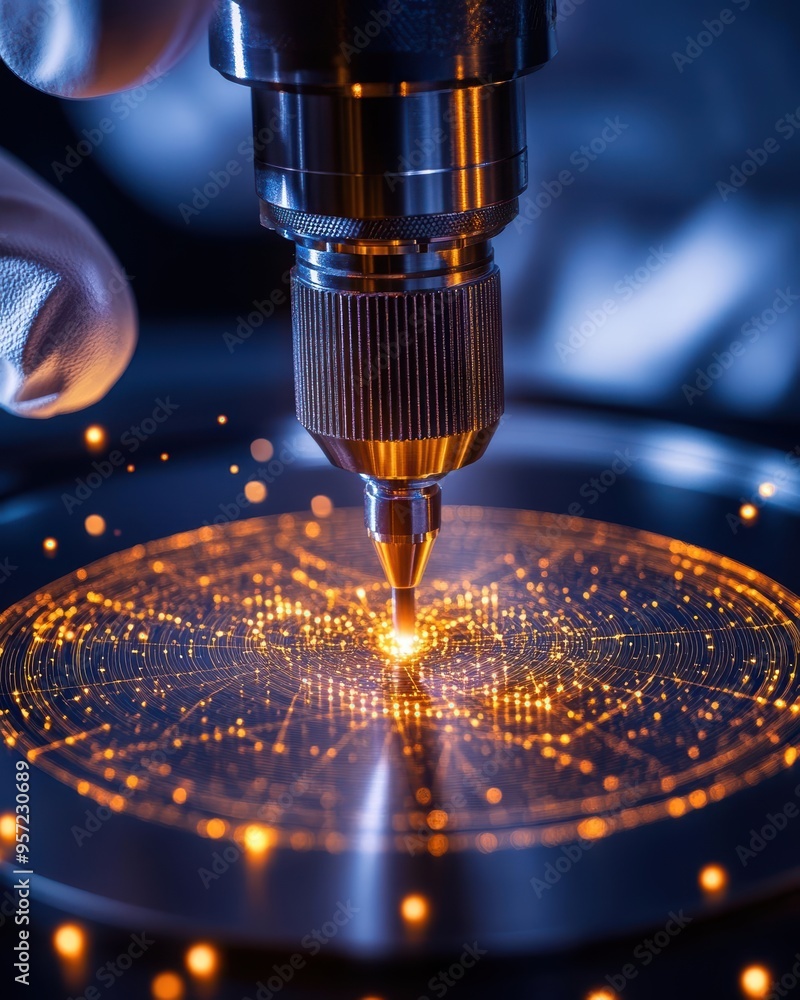 Poster close-up of a high-precision cnc laser cutting machine working on a metal surface with glowing detai