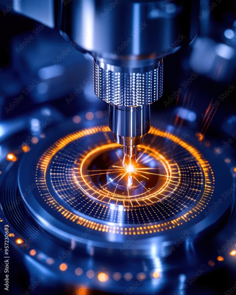 Poster close-up of a high-precision industrial cnc machine using laser cutting technology on a metallic sur