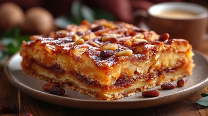 A close-up of Torta della Nonna with a golden crust and pine nuts, served on a dessert plate, with a blurred espresso cup in the background,