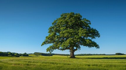 Fototapeta premium Majestic oak tree in a lush green field under a clear blue sky