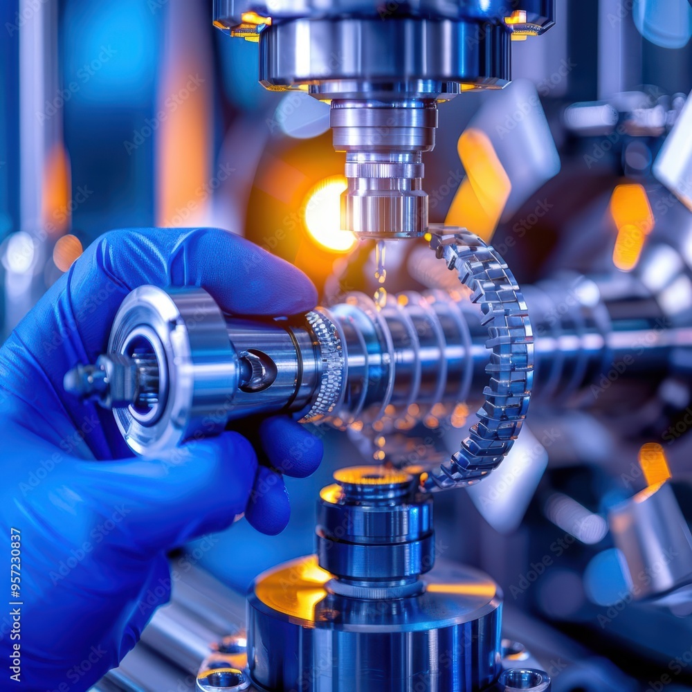 Poster close-up of a precision machinery assembly with a worker's gloved hands, showcasing advanced enginee