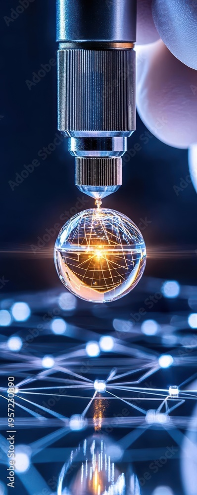 Poster close-up of advanced technology with a futuristic glowing sphere being manipulated on a digital inte