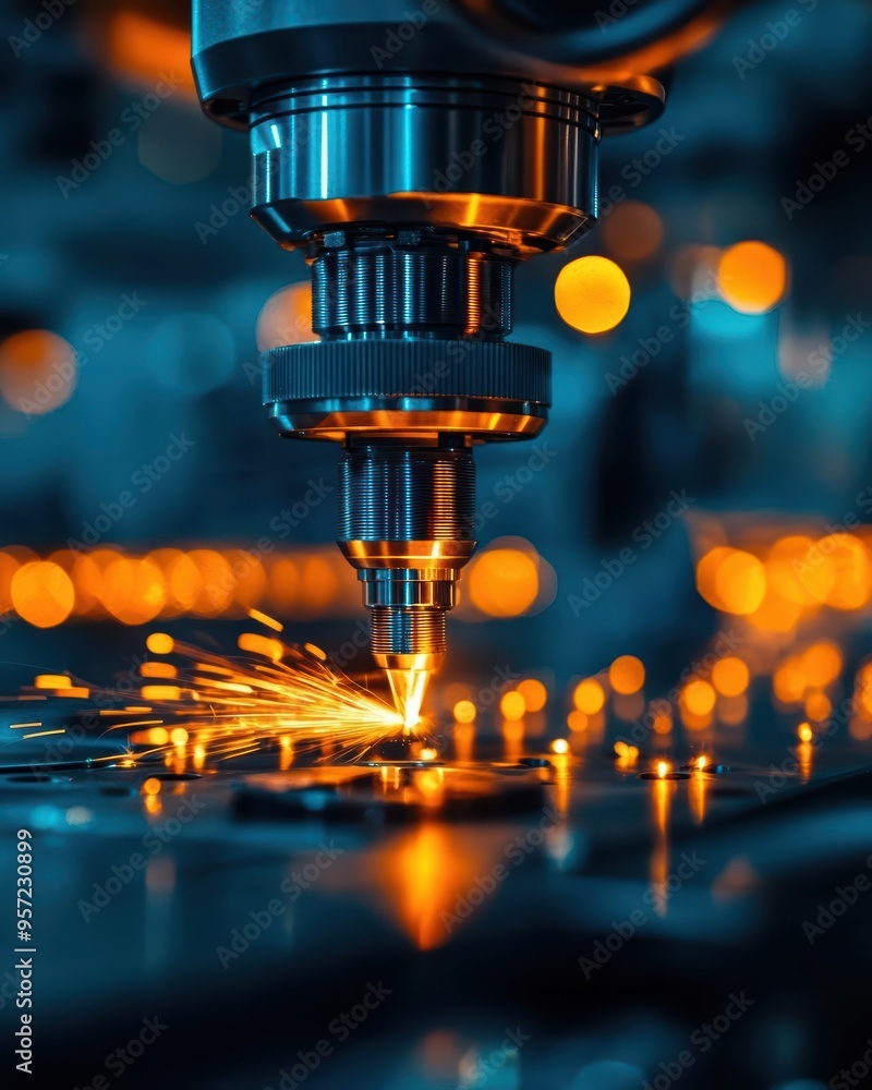 Poster close-up of cnc machine cutting metal with sparks, showcasing precision engineering in a high-tech m