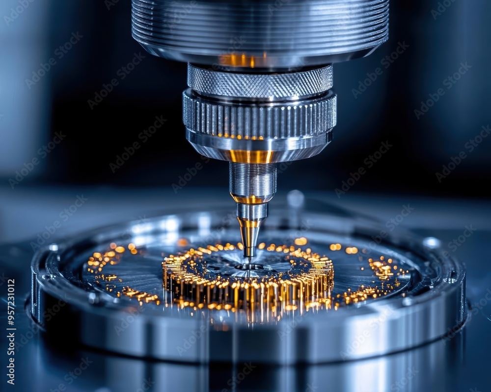 Poster close-up of precision cnc machining in action, showcasing detailed metalwork and advanced engineerin
