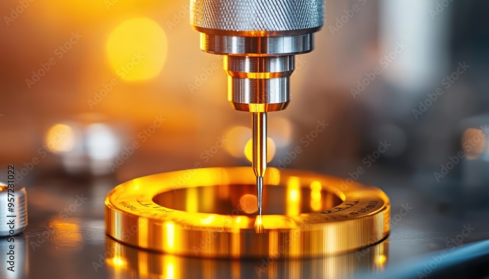 Poster close-up of precision drilling machine working on a metallic part in a manufacturing environment. go