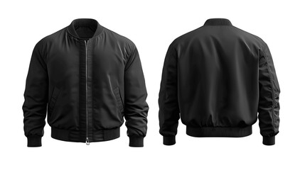 Black men's bomber jacket mockup, front and back view, isolated on white