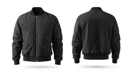 Black men's bomber jacket mockup, front and back view, isolated on white