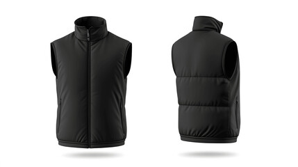 Black men's vest mockup, front and back view, isolated on white