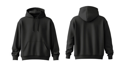 Black pullover hoodie mockup, front and back view, isolated on white