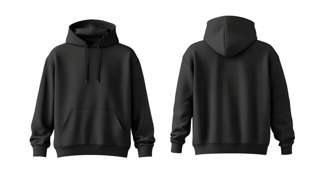 Black pullover hoodie mockup, front and back view, isolated on white