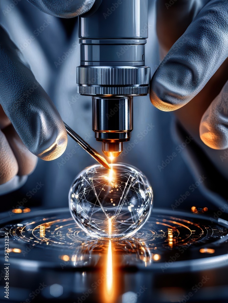 Poster close-up view of advanced laser technology used in precision science experiments, highlighting innov