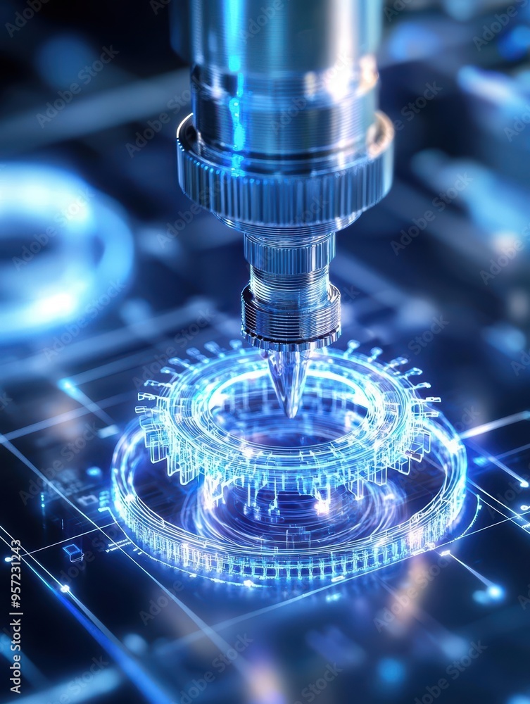 Poster futuristic cnc machine with digital interface, showcasing advanced manufacturing technology and prec