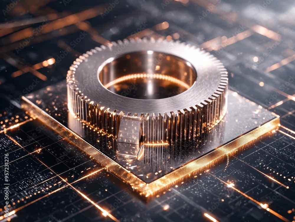 Poster futuristic metallic gear mechanism on a microchip with cyber glow, illustrating advanced technology 