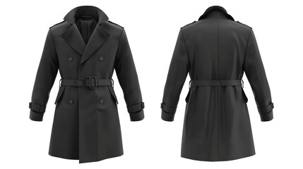 Black trench coat mockup, front and back view, isolated on white