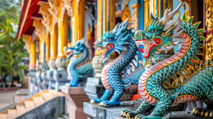 Fototapeta premium The colorful statues of dragons defending wat ban den entryway
