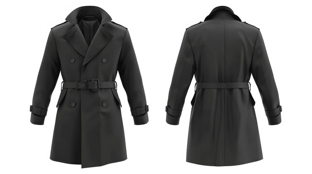 Black trench coat mockup, front and back view, isolated on white